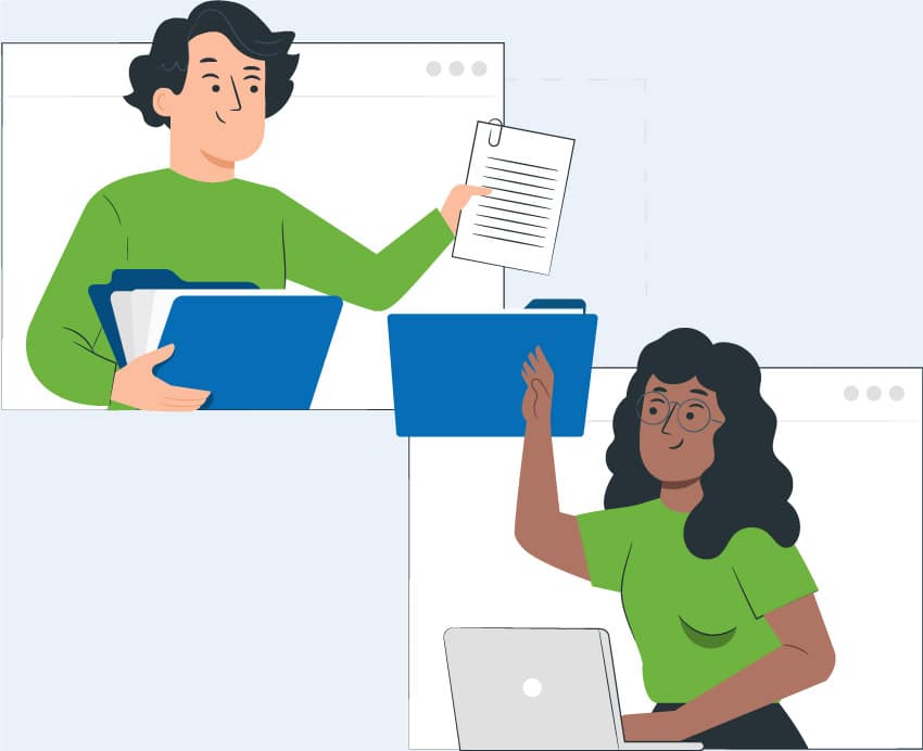 An illustration of a user and support building customized forms in the observe4success classroom walkthroughs & teacher evaluations platform