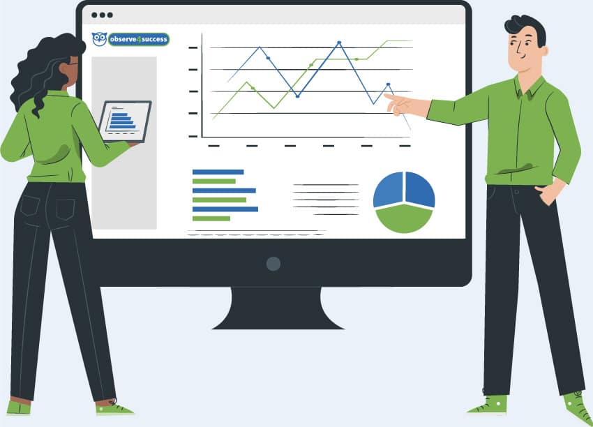 Illustration of two users reviewing graphs in the observe4success platform